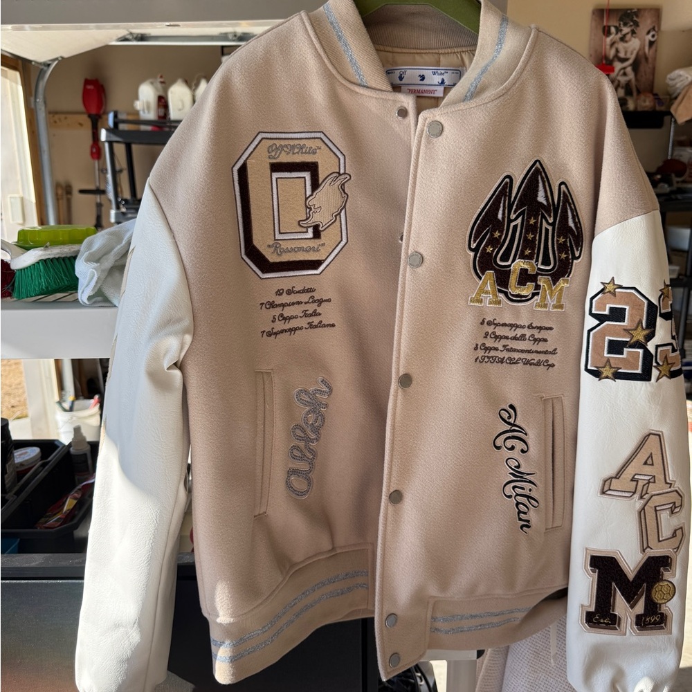 Off-White Beige and White Varsity Jacket men’s Large Worn 1 Time.